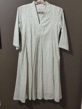 BAGH India Cotton Hand Block Print Midi Dress Green White Stripe LARGE
